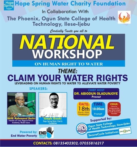 hopespringH2O's tweet photo. It’s happening tomorrow at Ogun State College of Health Technology Ilese Ijebu by 10 am. Join us at the national workshop on human right to water. It promises to be great!
#ClaimYourWaterRights #WaterActionMonth #RightToWater #EndWaterPoverty #HopeSpringWater #Sdg6 #Water https://t.co/udyrelWDM0