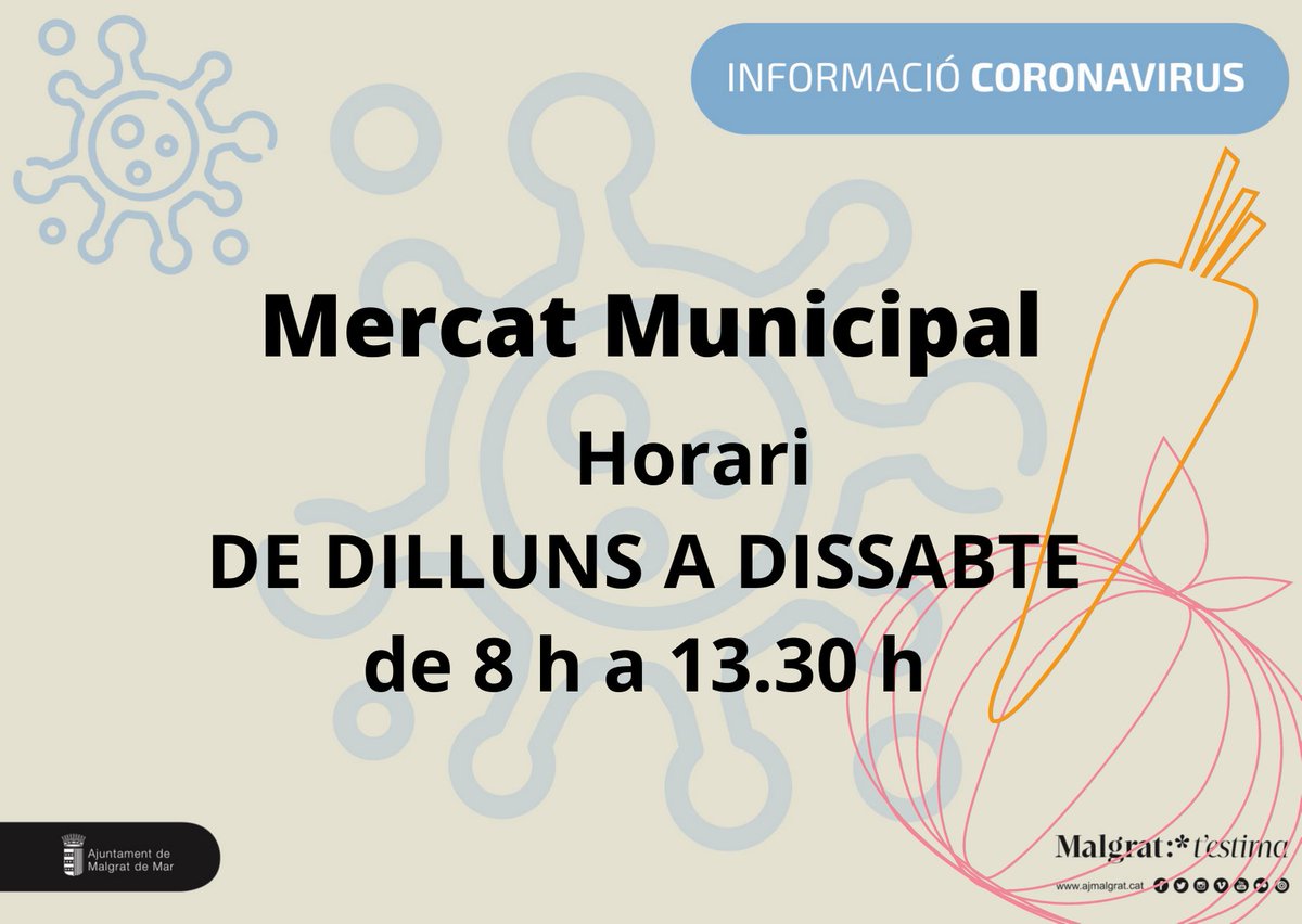 ajmalgrat's tweet photo. 🦠Informació coronavirus

Aquest és l'horari del Mercat Municipal⌚

📢Recorda que l'abastiment d'aliments i productes bàsics està garantit

Compra amb sentit comú

Cuideu-vos, cuidem-nos 🤝 https://t.co/IAzjyLBM4w