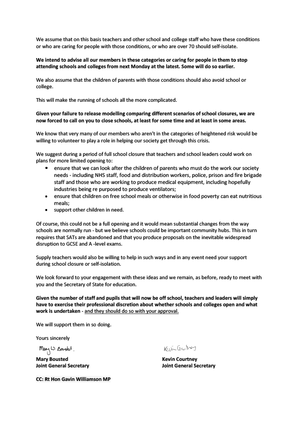 Today, the leadership of the National Education Union has written to the Prime Minister Boris Johnson, calling for the Government to close schools and colleges and protect vulnerable educators or those caring for at risk family members. 

Here is the text of the letter.👇