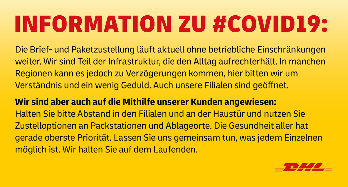 Information zu #Covid19: Die Brief- und Paketzustellung läuft aktuell ohne betriebliche Einschränkungen weiter. Wir sind Teil der Infrastruktur, die den Alltag aufrechterhält. Informationen zu Zustelloptionen: dhl.de/de/privatkunde… #Corona #Coronavirus