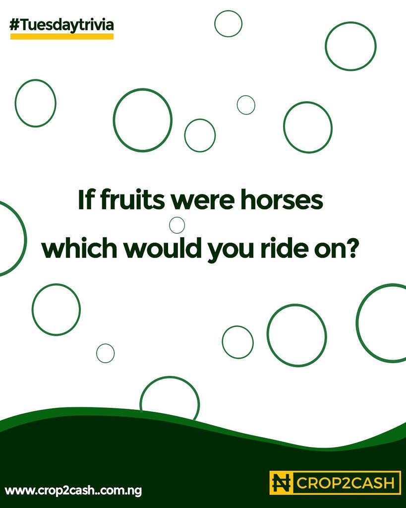 Crop2Cash's tweet photo. Hi everyone๐
So the question for today is What fruit would you ride on, assuming fruits were horses?! Could be your favorite fruit or least favorite at least๐๐๐ Let's have your answer in the comment section below
Go! Go! Go!๐โโ๏ธ๐โโ๏ธ
#Tuesdaytrivia #funtuesday #wordplaytuesday https://t.co/vHIbF3LD7U
