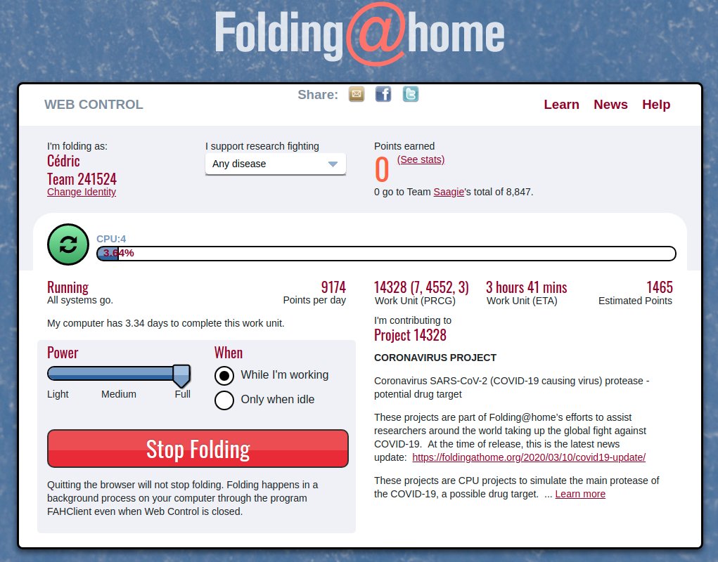 Just started to help fighting against #COVID19 with the <a href="/saagie_io/">Saagie</a> team 😷💪 
Come and join the community: foldingathome.org
#foldingforCoVID19