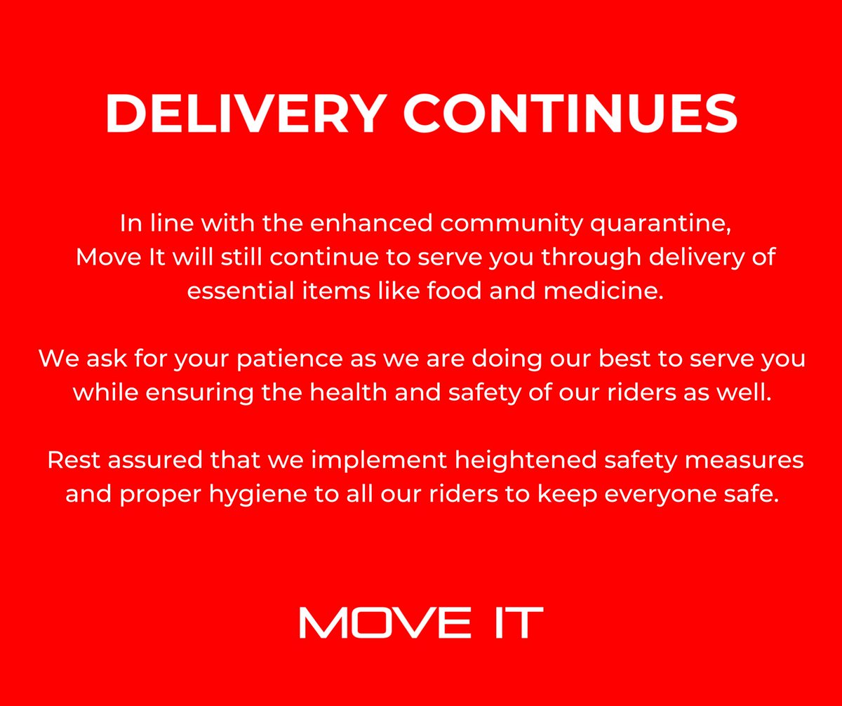 moveitph_'s tweet photo. Our delivery services are still operational to make essential needs more accessible amidst COVID-19.

Please know that there might be delays and community checkpoints at some areas may not permit entry.

Be safe everyone! 🙏 https://t.co/Htm25gjlLF