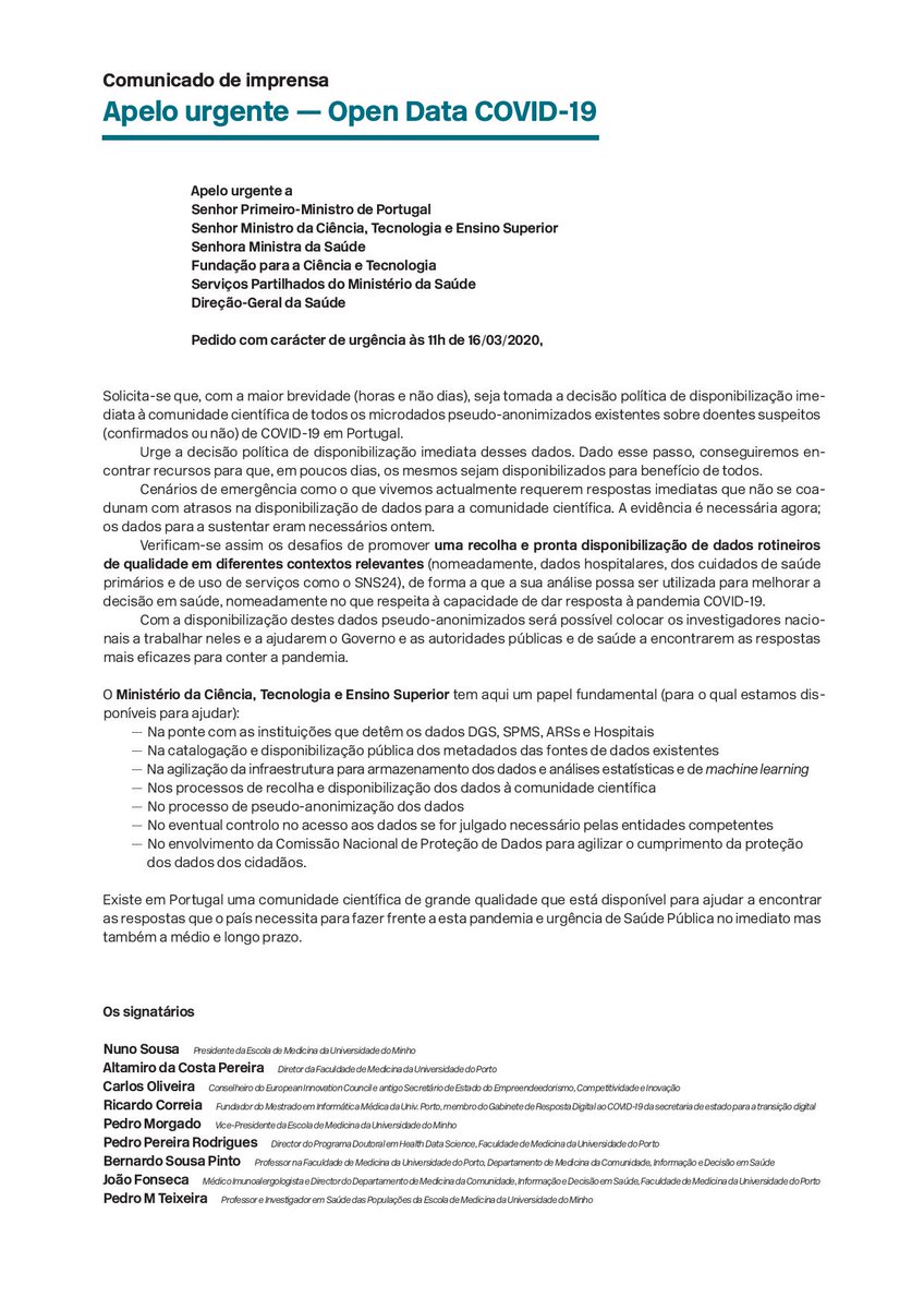 #COVID19PT 🦠
APELO URGENTE 📣

A disponibilização de dados abertos aos investigadores nacionais é da maior urgência. A recetividade por parte do <a href="/govpt/">República Portuguesa</a> é enorme, urge agora fazer acontecer. Os dados são uma base fundamental para encontrar soluções.

➡️med.uminho.pt/pt/_layouts/15…