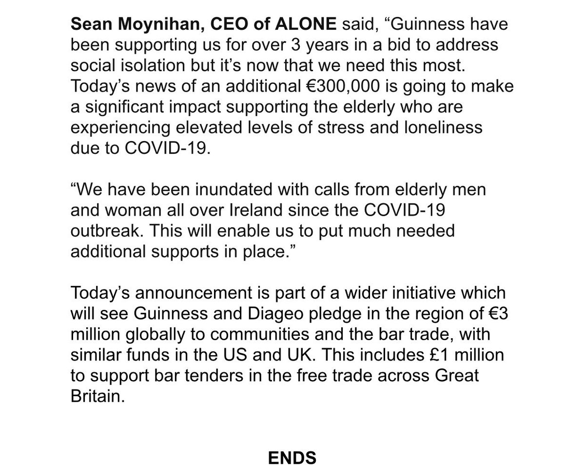 CORONAVIRUS - GUINNESS ANNOUNCES €1.5 MILLION FUND TO SUPPORT COMMUNITIES ACROSS THE ISLAND OF IRELAND