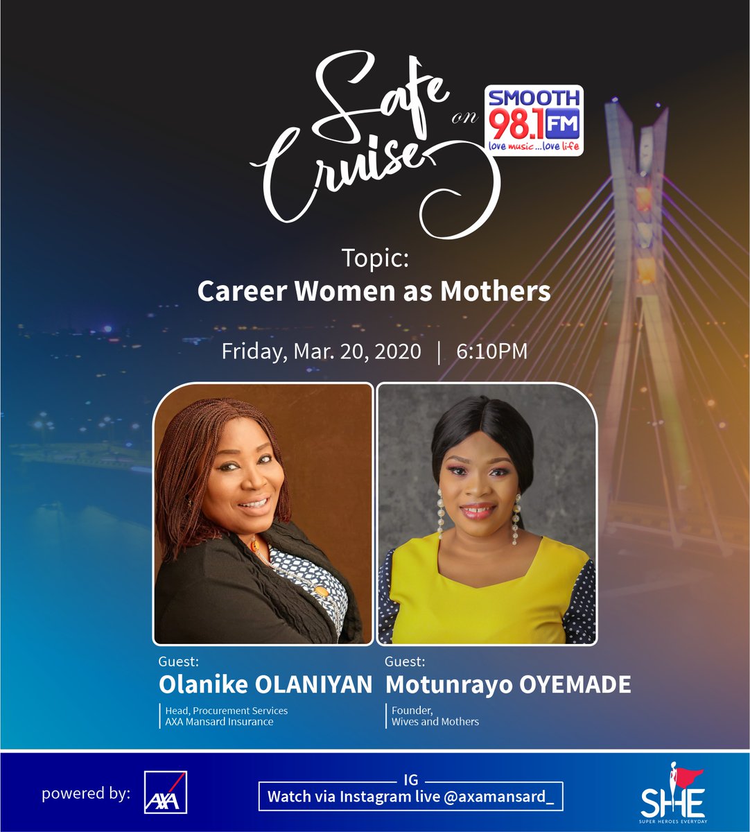 This week on #AXAMansardSafeCruise we discuss 'Career Women as Mothers'. It promises to be a very interesting conversation. Join us on Friday at 6:10PM on Friday.
#AXAMansard #KnowYouCan #SafeCruise #IWD2020 #IWD #InternationalWomensDay2020 #WomensMonth