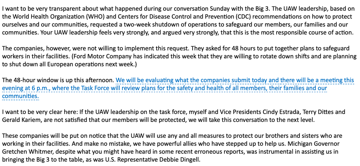 MikeMartinez_AN's tweet image. Breaking: In a letter to members, @UAW President Rory Gamble says the union advocated for a 2-week U.S. plant shutdown, but D3 asked for 48 hours to come up with a plan. That's up today.
