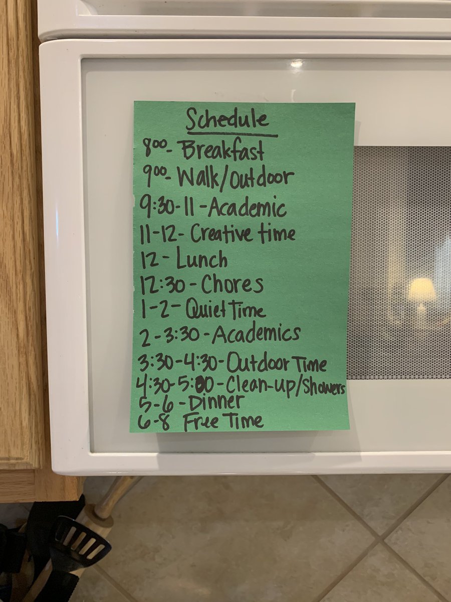 MrEnglerTech's tweet photo. Schedules work!

Ours went feral Monday am and Mindee put the kabash on that pronto.  Started this yesterday PM and it’s in full effect today.

pic 2:
Bedtime is 8:30
An infraction costs you a digit.
Once the colon goes (:), your bedtime is now 8.
Yes you can earn them back. https://t.co/pHVLiECYoA