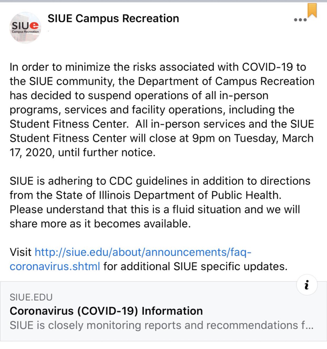 SIUEcampusrec's tweet photo. SIUE Campus Recreation will be closed starting at 9pm tonight until further notice. Be sure to wash your hands and stay active! https://t.co/fTTrFbdxt9