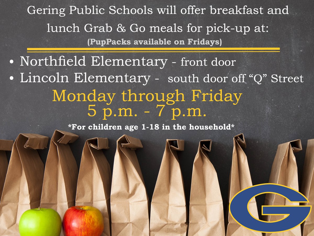 GeringBulldogs's tweet photo. Beginning tomorrow, March 18, breakfast and lunch Grab &amp; Go meals will be available for children. We also ask that ALL Bulldog families take a minute to complete a BRIEF family needs survey. https://t.co/TE0ttMtHUX https://t.co/akNVBMs8af