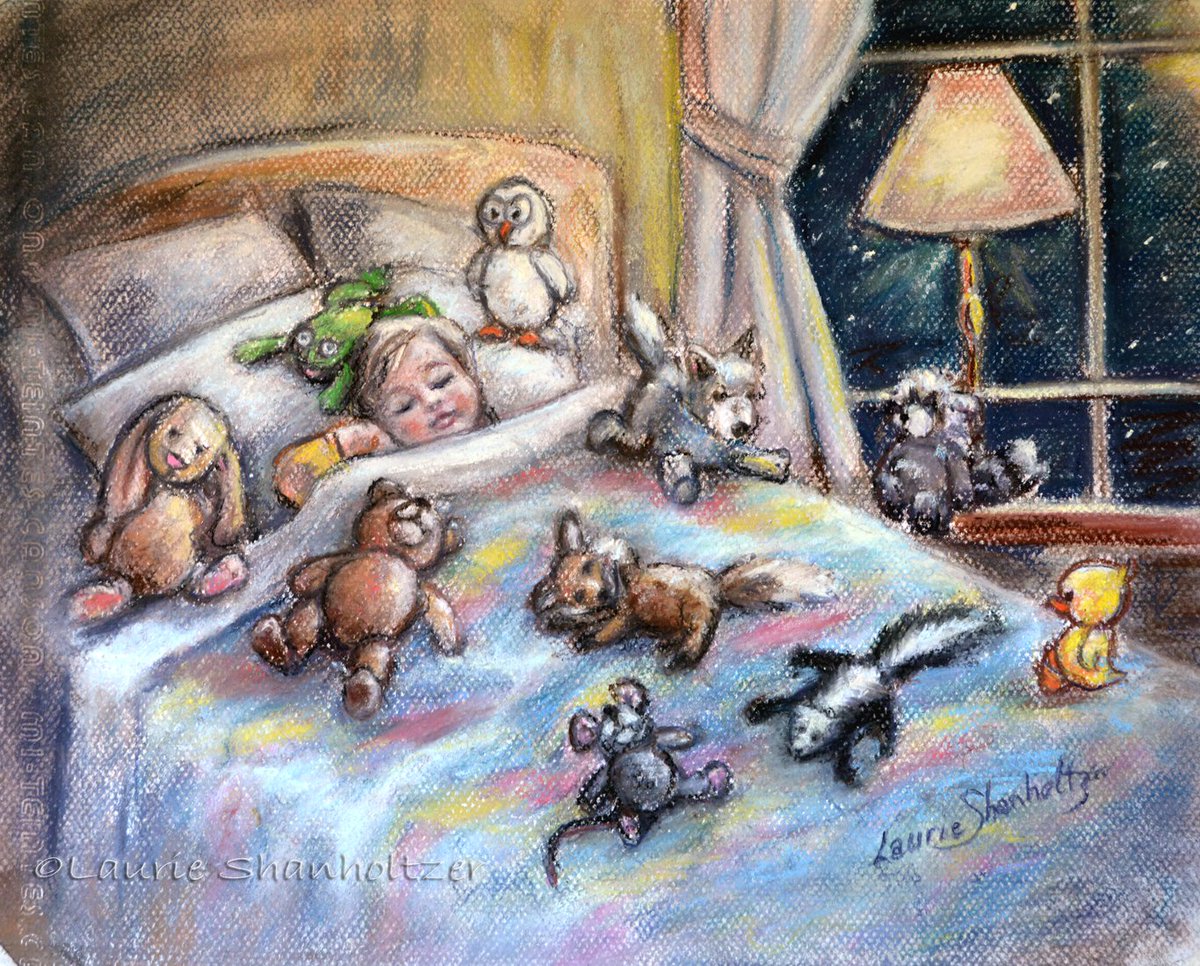 'Back to the Land of Nod' by #LaurieShanholtzer
~Tucked in for the night with all my animal friends.~
Canvas Print  👉bit.ly/PrintLandNod
Original pastel Painting 👉 bit.ly/LandNodOrg
#KidsWallArt #StuffedAnimals #NurseryArt