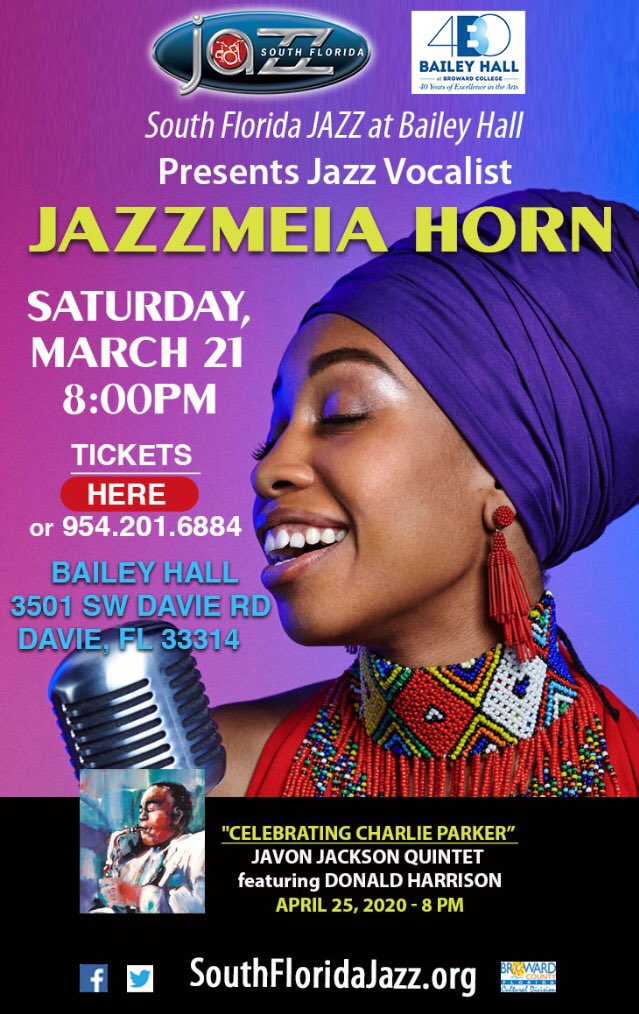 SoFlaJazz's tweet photo. CANCELLED - MARCH 21st performance, #SouthFloridaJazzatBaileyHall vocalist #JazzmeiaHorn due to Covid-19 safety/well-being precautionary measures. Best wishes of good health to All. See attached update for our #SouthFloridaJazz members and friends. https://t.co/Ih1ssHT4zi