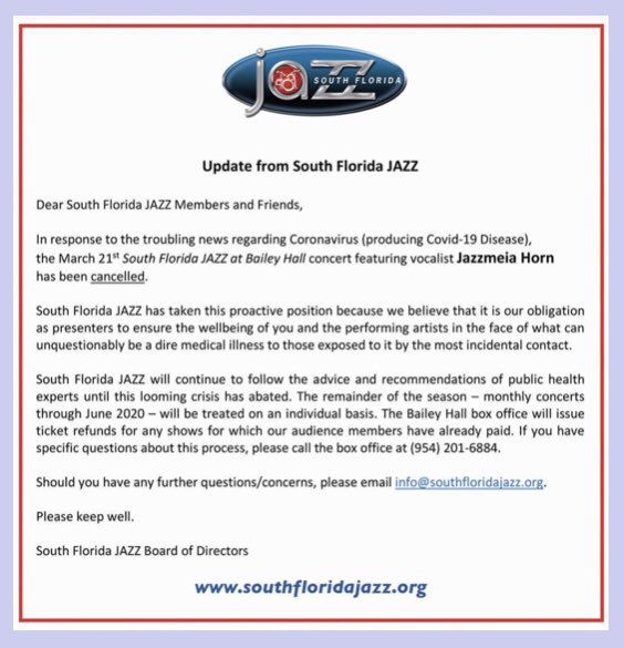 CANCELLED - MARCH 21st performance, #SouthFloridaJazzatBaileyHall vocalist #JazzmeiaHorn due to Covid-19 safety/well-being precautionary measures. Best wishes of good health to All. See attached update for our #SouthFloridaJazz members and friends.