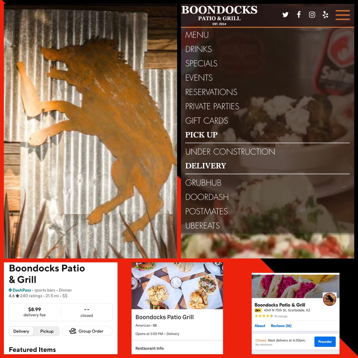 With respect to the safety of our amazing Staff, our most wonderful guests and community, we will be following the guidelines in place and have closed on Monday 3/16/20 until updated information is available. You can still order food online on our website BoondocksAZ.com