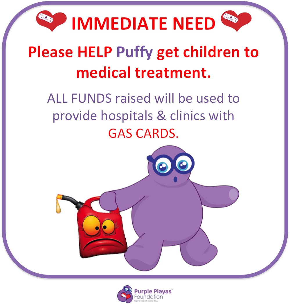 PurplePlayasFdn's tweet photo. Purple Playas is receiving requests from hospitals/clinics for Gas Card Assistance ASAP for children with chronic illness! Every $1 helps. 

Venmo Donation (put GAS in notes): @PurplePlayasFoundation

Zelle Donation: rochelle.lentini@gmail.com
#HelpChildren #PurplePlayasGas https://t.co/pAJk6l1lJY
