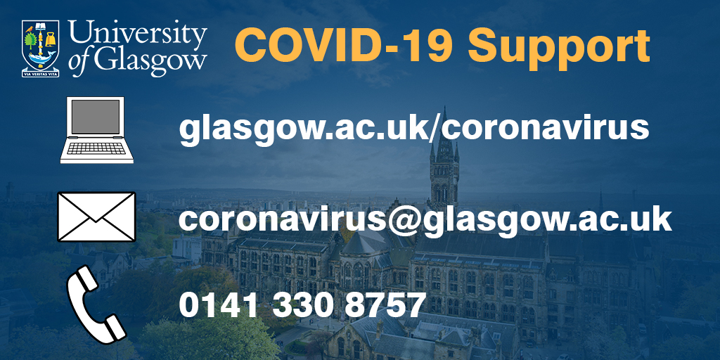 UofGlasgow's tweet photo. This is a worrying time for everyone &amp; we're here to support you ❤️ You can get in touch with us &amp; access help via:

🖥️ https://t.co/BHsdFW6CQQ
📩 coronavirus@glasgow.ac.uk
☎️ 0141 330 8757 - 9-5pm, Monday to Friday

We're One university. One community. One #TeamUofG https://t.co/NNmcih29vj