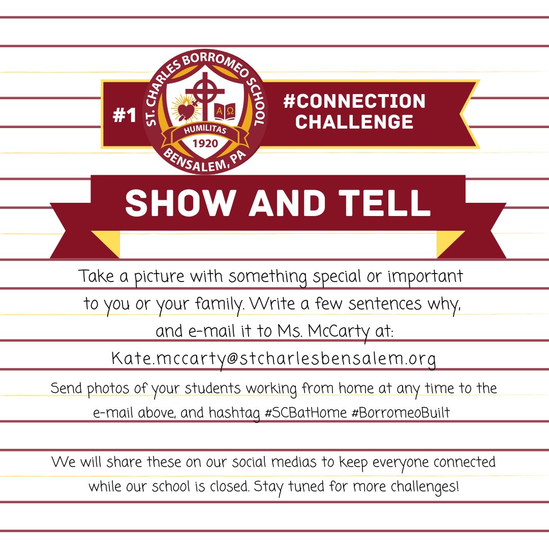 ms_mccartyedu's tweet photo. 1. #ConnectionChallenges. I scheduled 3 so far, 3 days apart. This will hopefully get parents to capture photos of their students and submit them for a #repost from our FB page. I introduced the hashtags #SCBatHome to pair with #BorromeoBuilt https://t.co/qU7p5LmCND