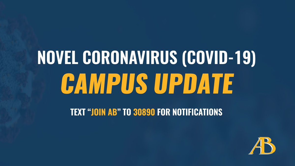 UPDATE:
As a precautionary measure against COVID-19, AB will suspend face-to-face classes and transition to virtual learning. Beginning Monday, March 23, instruction will be virtual for the remainder of spring semester. Read President's Barry's letter at buff.ly/2QnXyoe.