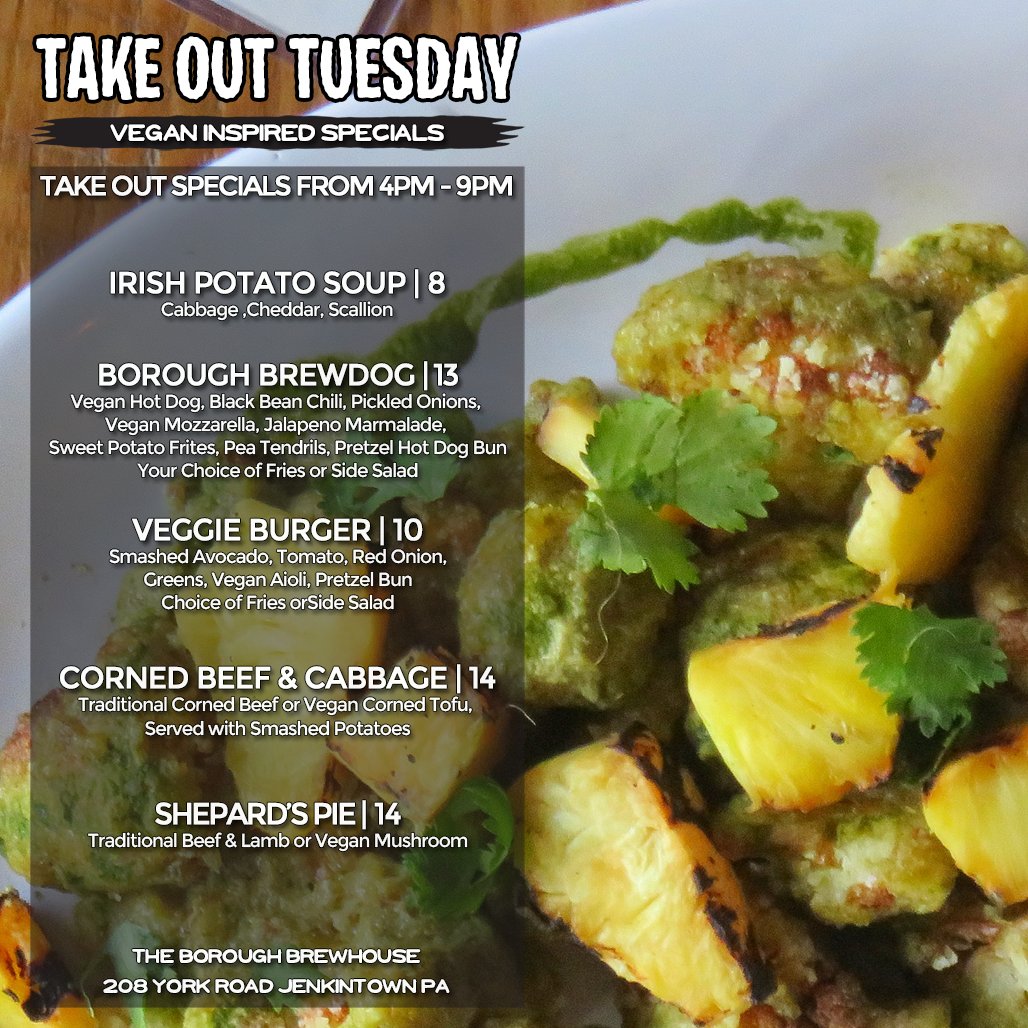 BoroughBrew's tweet image. Our Full Dinner Menu is available for Take Out today from 2PM-9PM, and we'll have Take Out Tuesday Vegan Specials available for as well starting tonight at 4PM. 

Call us today at 267-636-5858, we can take your order and payment over the phone for pick up!