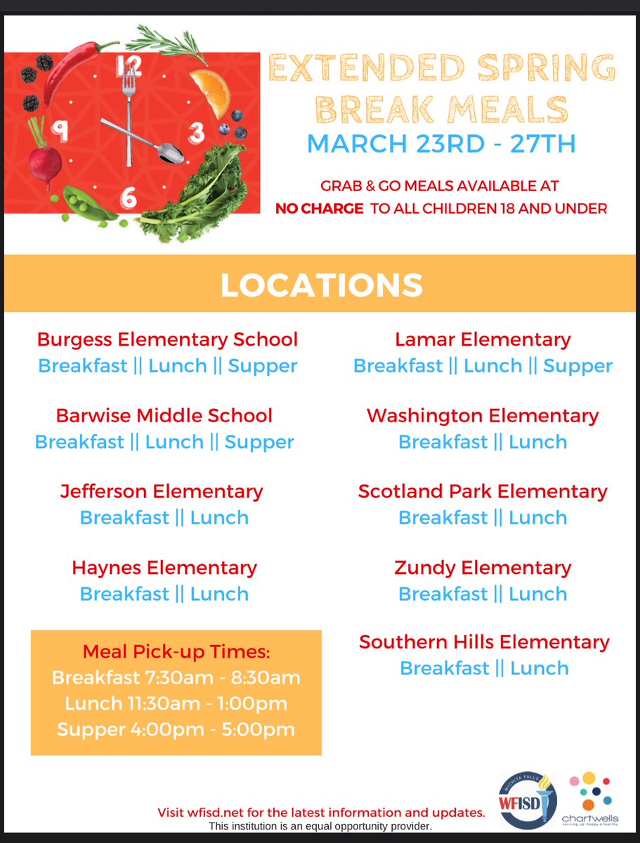 Grab and go meals will be provided free of charge March 23-27 for all students 18 and under at the following locations. Meals may be picked up at any location regardless of the campus your child attends. <a href="/Kuhrteous/">Michael Kuhrt</a> #iamwfisd #beBOLD