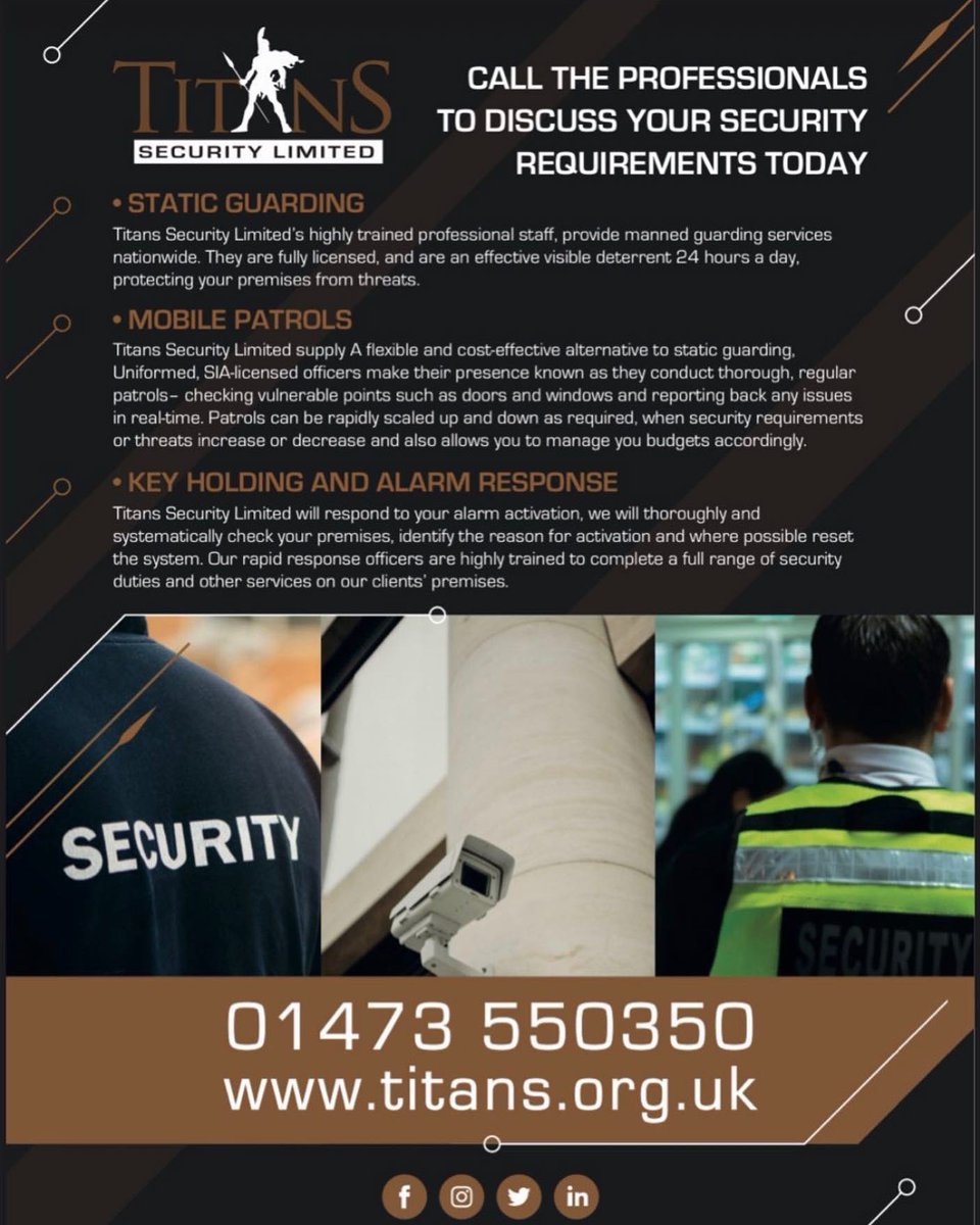 Have you shut due to the #coronavirus 🦠 Is your premises safe? Are you looking for a #Security provider? we specialise in 🔑#keyholding 👮‍♂️#ManGuarding 🚓#MobilePatrols ⏰#24hrSecurity ☎️01473 550350 #Suffolk #Essex #Norfolk 💻 titans.org.uk #WeAreTitansSec