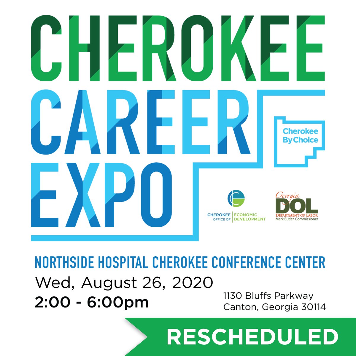 CherokeeOED's tweet photo. Mark your calendar! The Cherokee Career Expo has been rescheduled for Wednesday, August 26 from 2-6 pm at the Northside Cherokee Conference Center! Like and share to help us spread the word! #cherokeebychoice #forgetthecommute https://t.co/fG8XhO2Djm