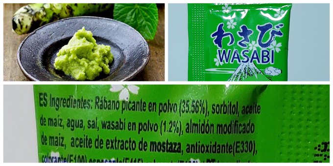 El wasabi que se come en la mayoría de los restaurantes japoneses del mundo (también en Japón) es en realidad una pasta a base de rábano picante y colorante. Realmente no contiene wasabi auténtico(o tiene muy poco) porque es una planta muy escasa->muy cara  #gominolasdepeseta