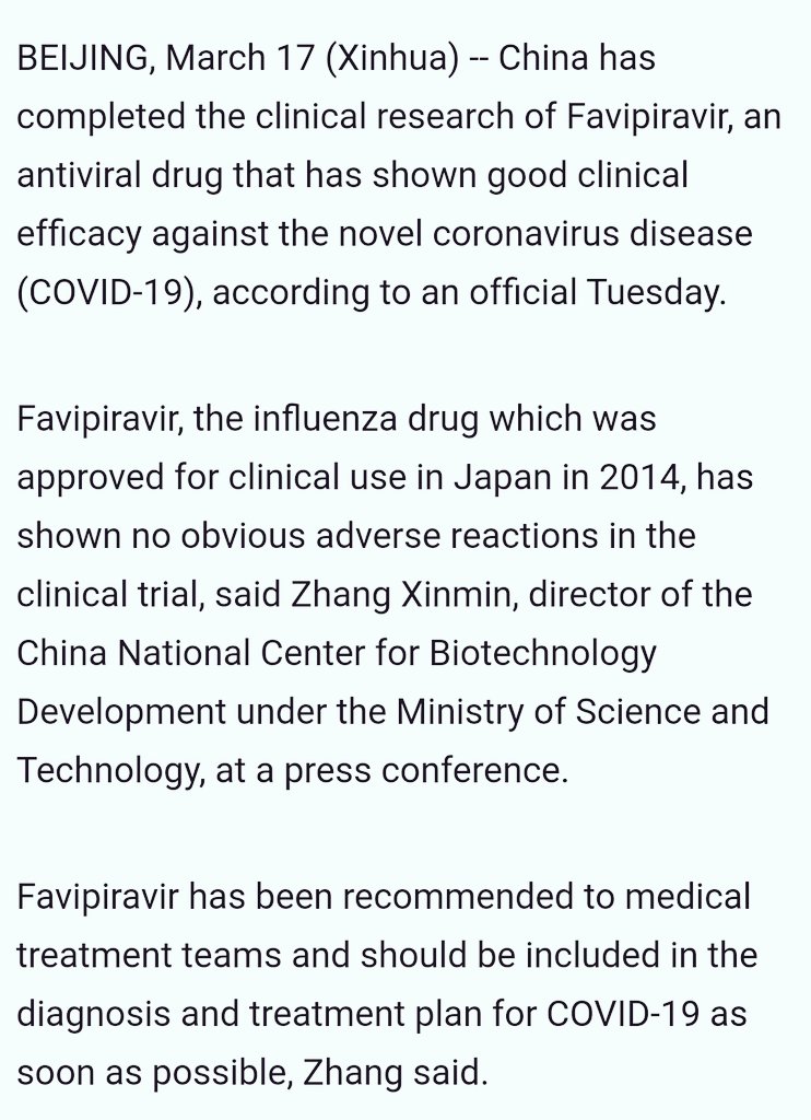 An antiviral drug, Favipiravir has completed clinical trials in China. The drug has been shown to prove its efficacy against the novel Coronavirus. No serious adverse effects found.

Favipiravir has been recommended for use in the treatment of COVID19 in China at the earliest.