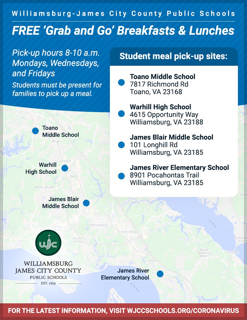 WJCCSchools's tweet photo. FREE 'Grab and Go' Breakfasts and Lunches. Pick-up hours 8-10 a.m. Mondays, Wednesdays, and Fridays. Students must be present for families to pick up a meal. Visit https://t.co/ciEKONoSSF for an interactive map. https://t.co/mn2Joh8EzD