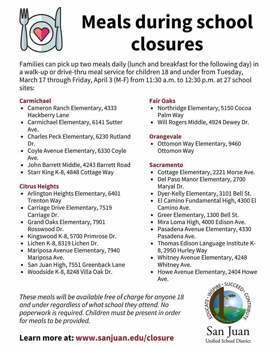 Sac_POP's tweet photo. Free lunches for students! Please look up your school district to see if there any changes to times and locations.
#SacPOP #ChangeStartsWithUs
#Sacramento #students #freefood
#scusd #egusd #sjusd #fcusd
#COVID19 #covid_19 https://t.co/XERwOe1PZJ