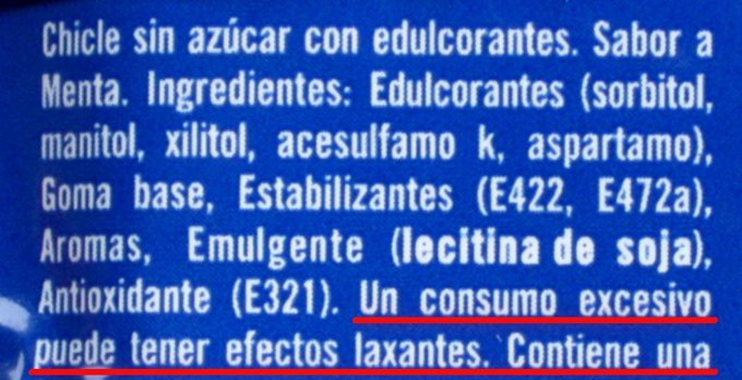 Algunos edulcorantes (p.ej. polialcoholes como xilitol) apenas se absorben->la concentración de solutos en el intestino->para compensar el gradiente osmótico se difunde agua->diarrea. De ahí las advertencias. Puede ocurrir con muchos otros: sal, azúcar, etc  #gominolasdepeseta