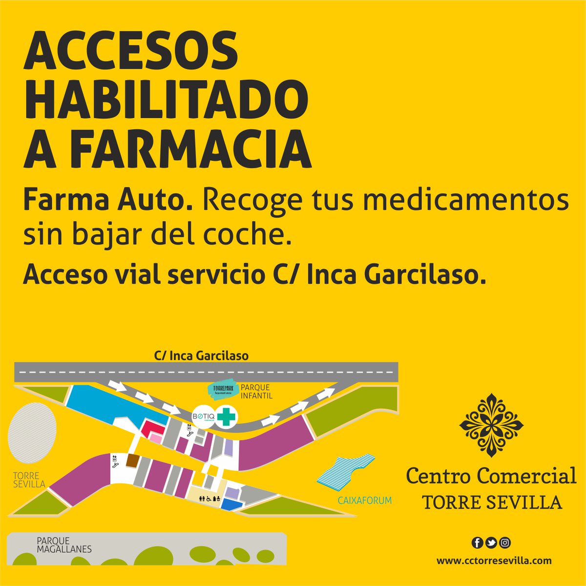 CCTorreSevilla's tweet photo. Descubre Farma Auto en #CCTorreSevilla para tus compras necesarias de medicamentos.
Ahora de lunes a sábado de 9:30H a 22H puedes recoger tus medicamentos en #Botiq sin bajarte del coche desde el acceso habilitado en c/Inca Garcilaso.
https://t.co/Tgy0UyGQ1b https://t.co/keMkyK7IPD
