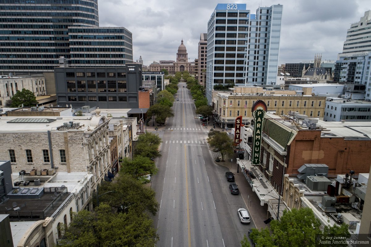 Congress Avenue is devoid of its usual heavy traffic in this photo taken around 11:30 a.m. on Tuesday amid the coronavirus outbreak. #CoronavirusAustin