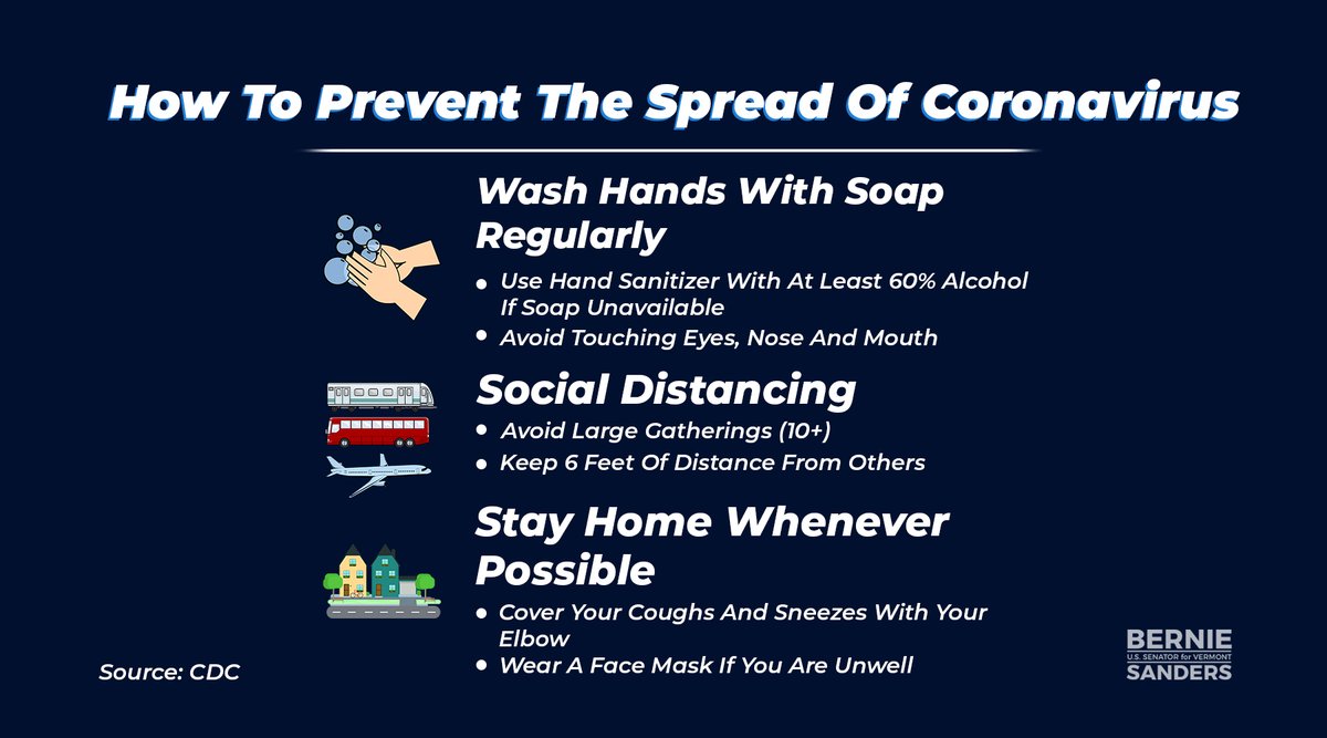 SenSanders's tweet image. The coronavirus reminds us that we are all in this together. These commonsense measures are critical to stopping the spread of the disease and protecting our most vulnerable people.

It is absolutely essential that we start applying these practices in our daily lives right now.