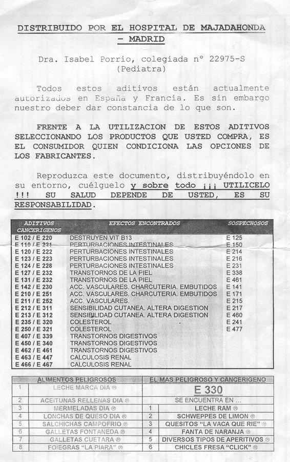 En 1980-1990 circularon listas falsas que informaban sobre la supuesta peligrosidad de ciertos aditivos, como el E330 (el inocuo ácido cítrico presente en cítricos). ¿El origen? Intento de boikot de trabajadores descontentos a una planta de Schweppes en Francia  #gominolasdepeseta