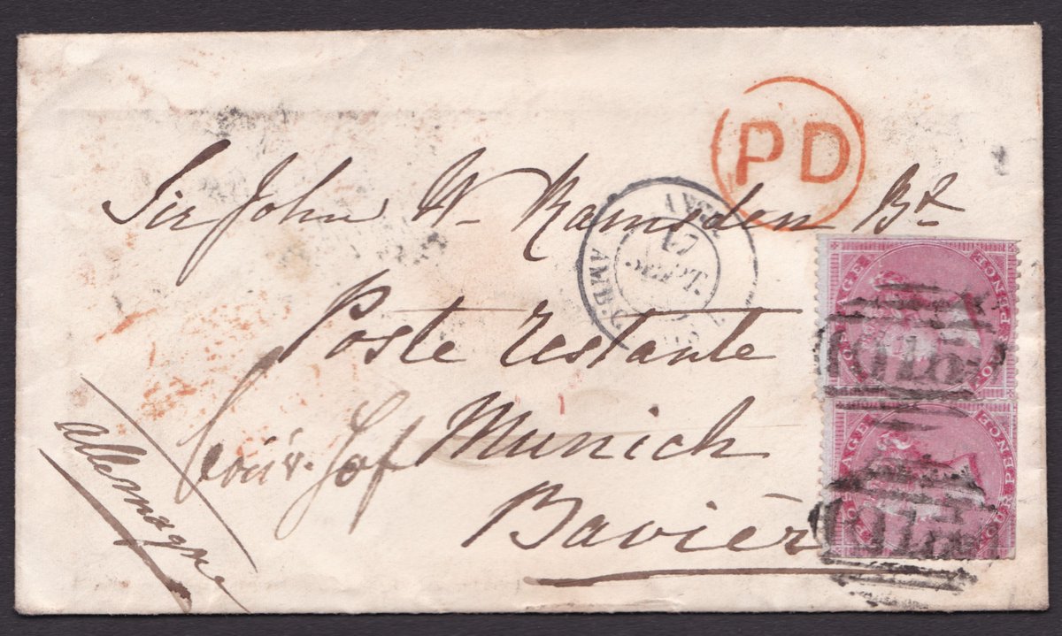 From my CollectionNot Irish but carries on the European journeys of Sir John Ramsden British MP, his family owned  #HuddersfieldThis is 16 Sept 1855 Milford Junction, scarce O15 postmark on 2 x SG 62 4d Carmine to 20 Sept Munich, via London, CalaisMore to come #philately