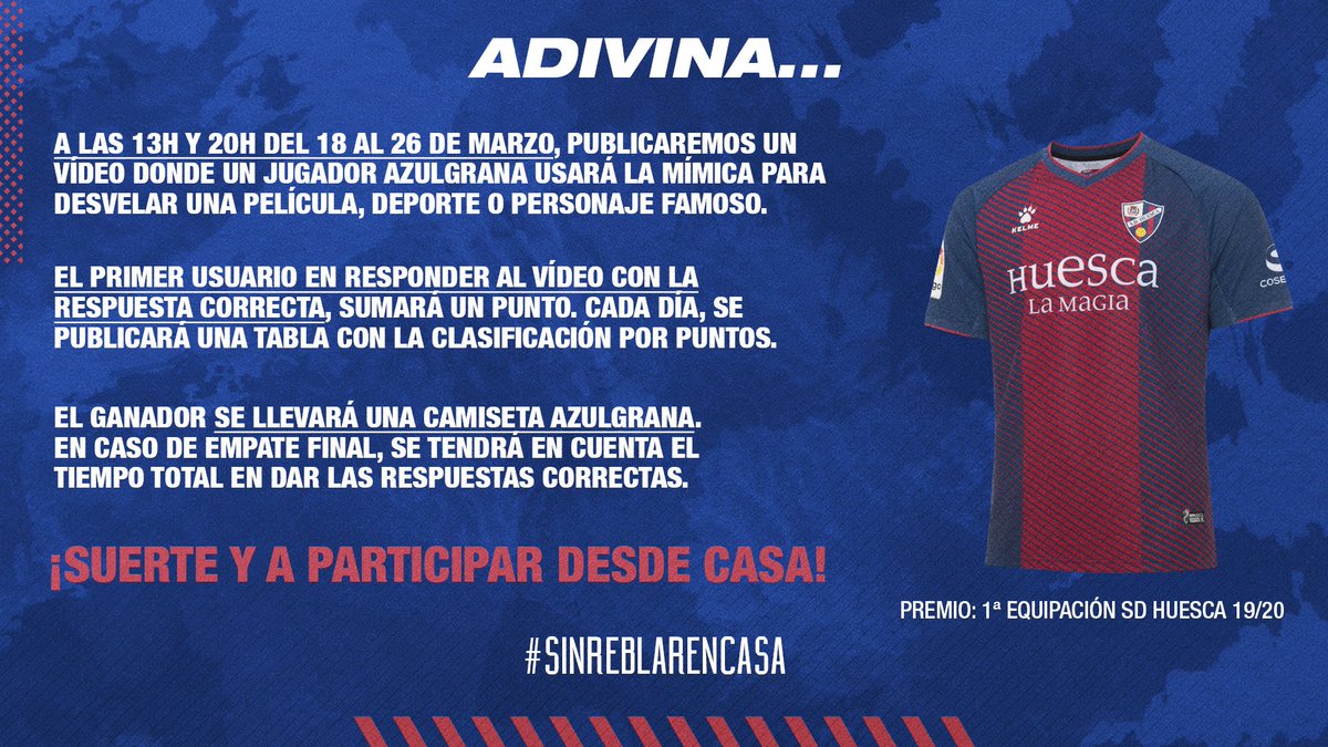 JUEGO 🕹 | Adivina...

La película 📽
El personaje famoso 🙋🏻‍
El deporte 🏈

⌚ ¡Comenzamos ESTE MIÉRCOLES 18 a las 13h!
🎁 El ganador se llevará una 𝐜𝐚𝐦𝐢𝐬𝐞𝐭𝐚 azulgrana

⚠ OBLIGATORIO PARA PARTICIPAR:
1⃣ SEGUIR a <a href="/SDHuesca/">SD Huesca</a>
2⃣ RETUITEAR este tuit

#SinReblarEnCasa 🔵🔴🏡
