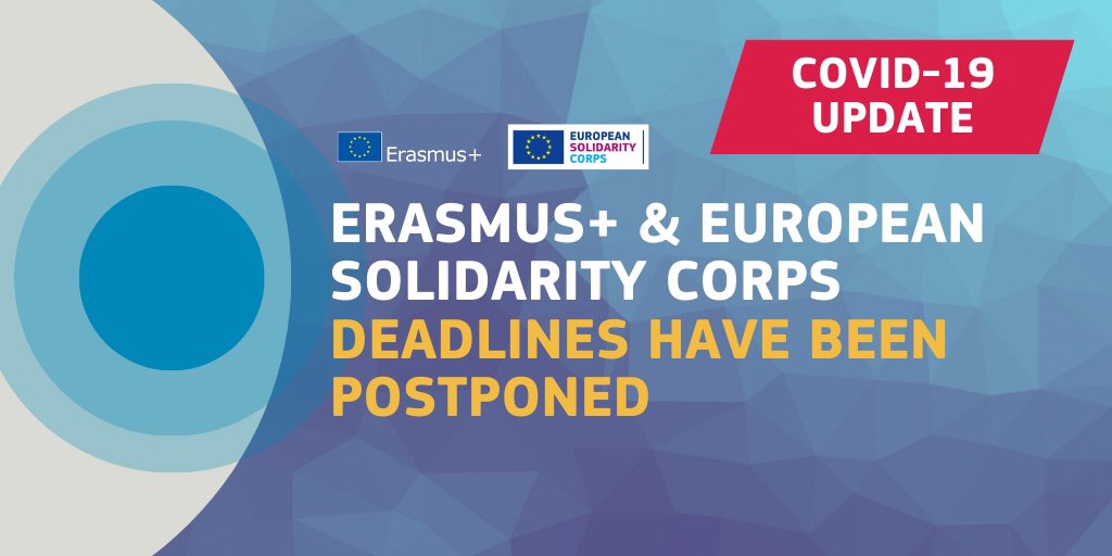 IMPORTANT: in response to many requests I received from applicants from all over #Europe, we have decided to extend the deadlines for #ErasmusPlus and #EUSolidarityCorps calls. #COVID19 
 
Further details are available here ➡️ europa.eu/!Uv73bR