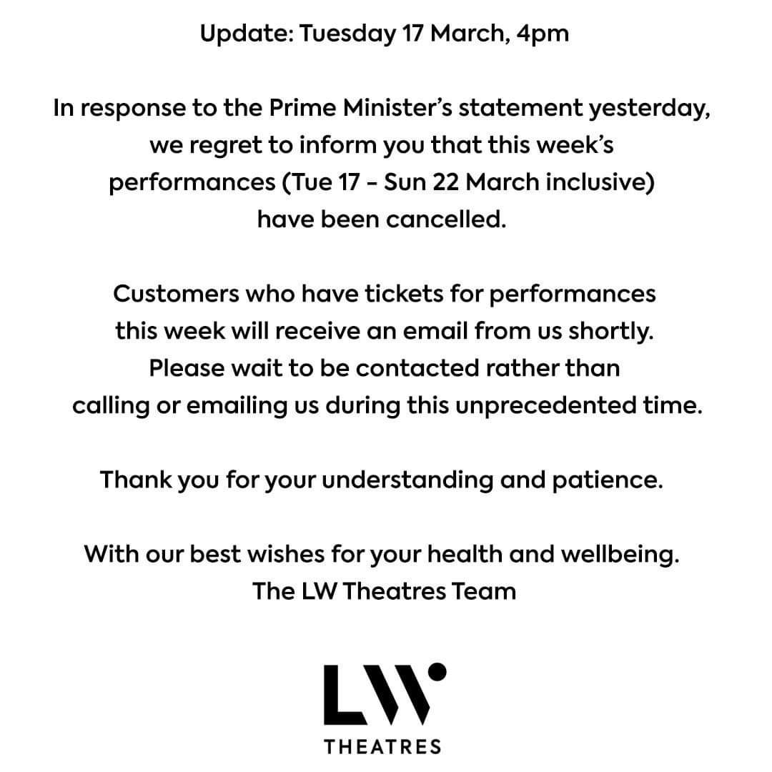 London Vocal League (@lvleague) on Twitter photo Again, the marvellous team at <a href="/TheOtherPalace/">The Other Palace</a> providing info on all their cancelled shows this week.
Love to all at <a href="/LWTheatres/">LW Theatres</a>
. We can't wait to come back and work with you all V soon. Again, the marvellous team at <a href="/TheOtherPalace/">The Other Palace</a> providing info on all their cancelled shows this week.
Love to all at <a href="/LWTheatres/">LW Theatres</a>
. We can't wait to come back and work with you all V soon.