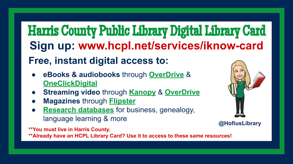 Families in Harris County, you can sign up online for a FREE <a href="/harriscountypl/">Harris County Public Library</a> Digital Library Card &amp;get INSTANT access to FREE ebooks, audiobooks, &amp;much more: hcpl.net/services/iknow…! Let me know if you have questions! #librarypromise <a href="/HofiusKISD/">Hofius Intermediate</a> <a href="/HofiusPto/">HofiusPTO</a> <a href="/KleinISD/">Klein ISD</a> <a href="/jenny_mcgown/">Dr. Jenny McGown</a>