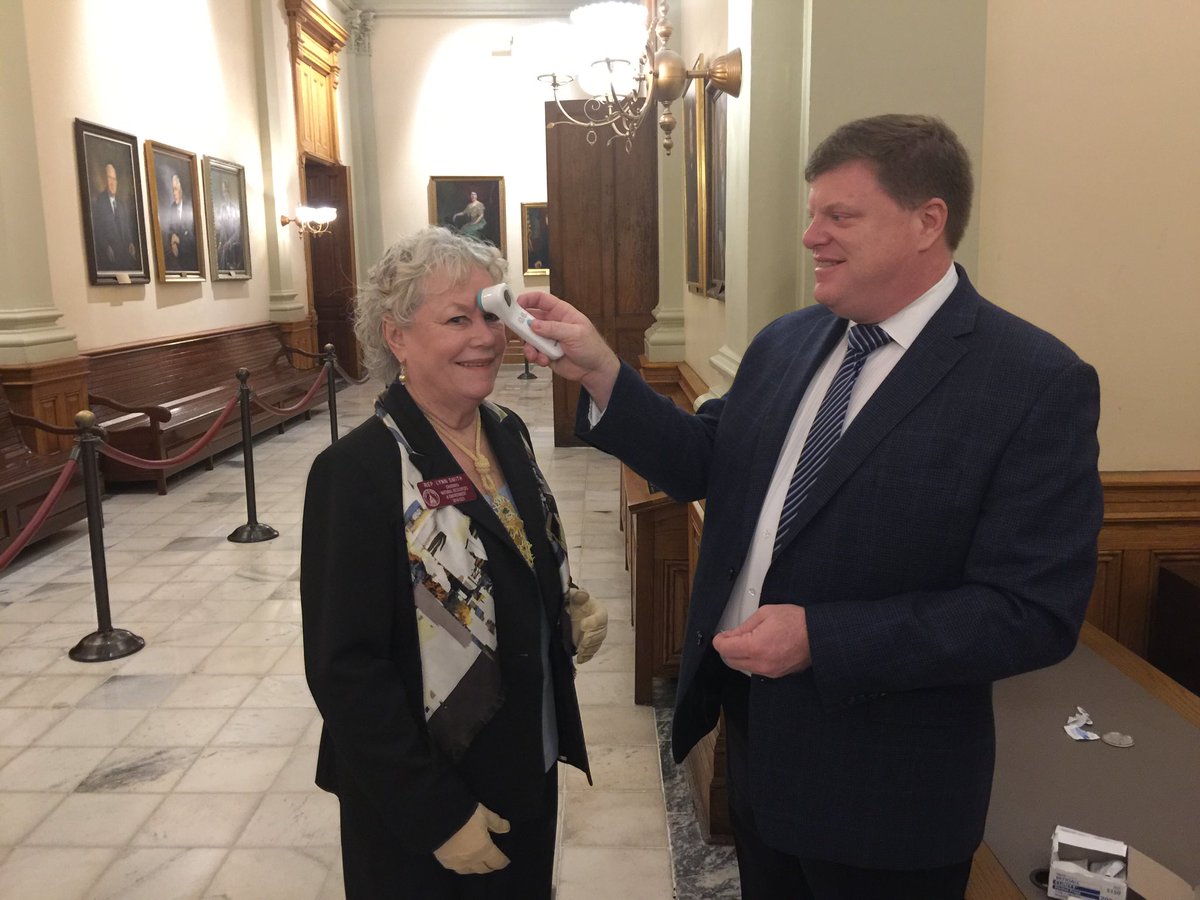 All legislators were screened before entering the chamber for the emergency special session to concur with <a href="/GovKemp/">Governor Brian P. Kemp</a>’s Public Health Emergency declaration. #covid19 #gapol