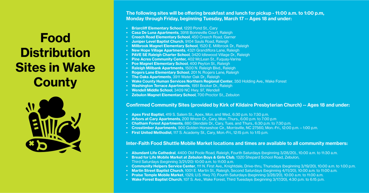 Please reshare this post❗Here’s a list of sites in Wake County where youth between the ages of 1-18 can receive a free meal daily.

Together, we will get through this health crisis one step at a time!