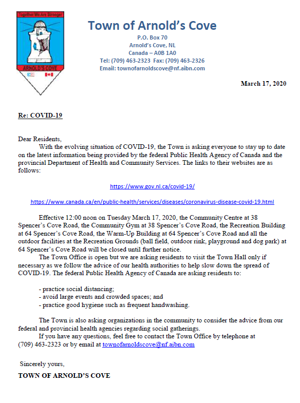 ADVISORY: Effective 12:00 noon Tuesday March, 2020, the Community Centre, Community Gym, Recreation Building and Outdoor Facilities will be closed until further notice. Council apologizes for any inconvenience and asks for your cooperation during this time.