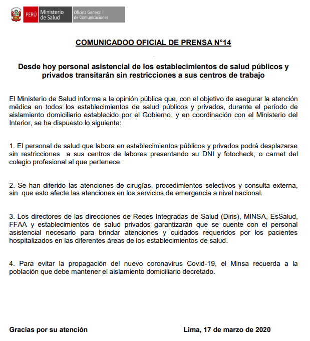 Minsa_Peru's tweet photo. 🚨 COMUNICADO │ Con el objetivo de asegurar la atención médica en todos los establecimientos de salud públicos y privados, el #Minsa informa que desde hoy el personal asistencial transitará sin restricciones a sus centros de trabajo. #TuSaludPrimero https://t.co/rCVXtVDwNt