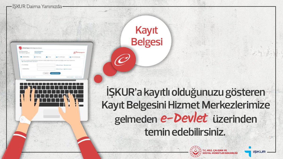 TurkiyeIsKurumu's tweet photo. İŞKUR'a kayıtlı olduğunuzu e- Devlet üzerinden online olarak görüntüleyebilir, kayıt belgesi alabilirsiniz.

🔗https://t.co/n2NrunNT6Y
#coronatürkiye
#evindekaltürkiye https://t.co/iuPh9QVFOt