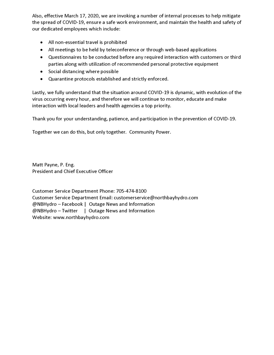 North Bay Hydro V Twitter Letter From The President And Ceo Re Covid 19