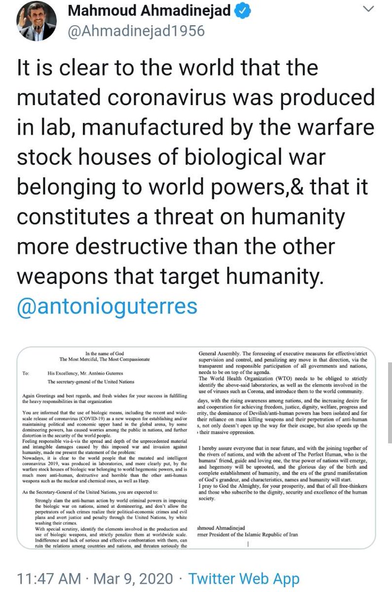 66. Iran is getting plowed by  #COVID19. Mass graves visible from space. But, that's beside the point. Ahmadinejad messaged the SecGen of the UN this week, claiming it's a bioweapon unleashed on them. #Coronavirus  #BioArmsRaceGraves link https://m.ctpost.com/news/article/Iran-s-coronavirus-burial-pits-are-so-vast-15125717.php#photo-19155172Message to UN