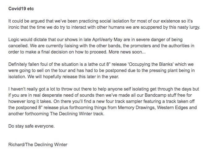 DecliningWinter's tweet image. Info on upcoming shows and postponed 8" record

All our Bandcamp digital stuff FREE for the duration 
thedecliningwinter.bandcamp.com

FREE sampler of upcoming stuff
thedecliningwinter.bandcamp.com/album/occupyin…

stay safe everyone x