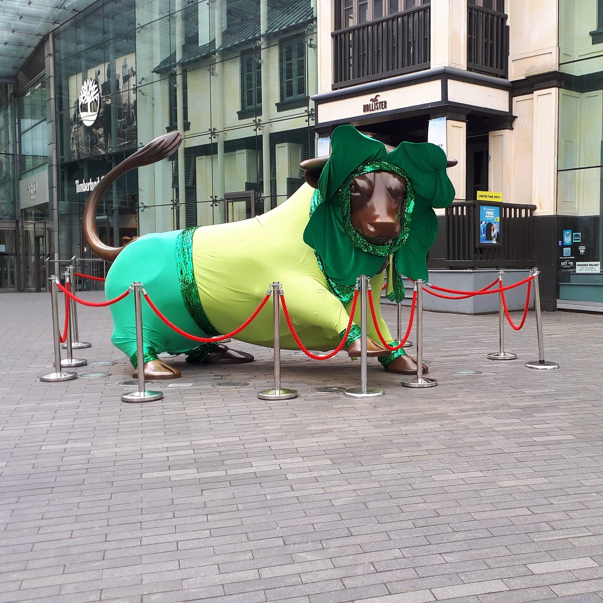 The #Birmingham Bull Ring bull celebrating #StPatricksDay2020 so we don't have to ☘