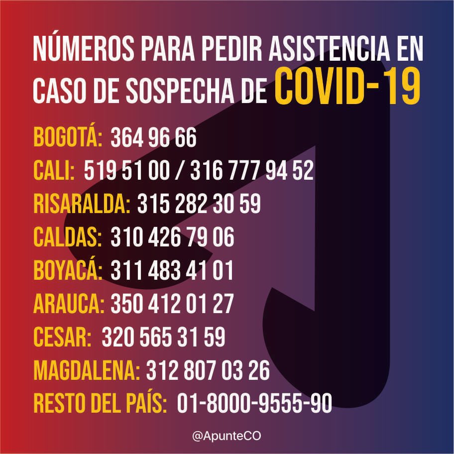 Apunte_co's tweet photo. 🔴 COMPARTE con tus AMIGOS y FAMILIARES las líneas habilitadas en caso de sospecha #COVID19 👇🏼👇🏼👇🏼👇🏼👇🏼 #FelizMartes #Colombia #pandemia #oms #virus #Coronavirus #OMS #alerta #noticias #HagamosCaso #QuedateEnLaCasa #porelvirusmibolsillo #BancosCongelenCreditos #CierrenElDoradoYa https://t.co/nJfZPxGWcR